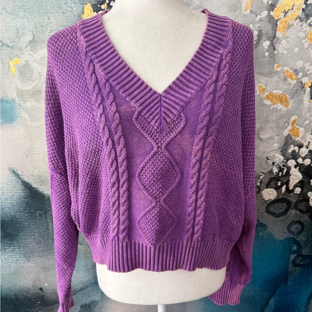 POL | Purple Mineral Wash Cable Knit V-Neck Sweater